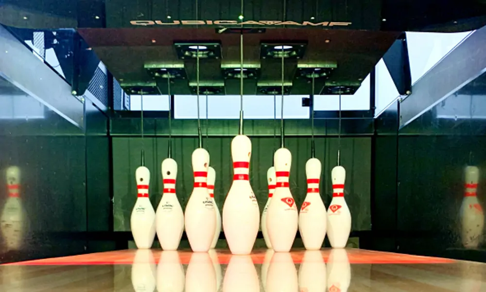 standard bowling pins on a lane