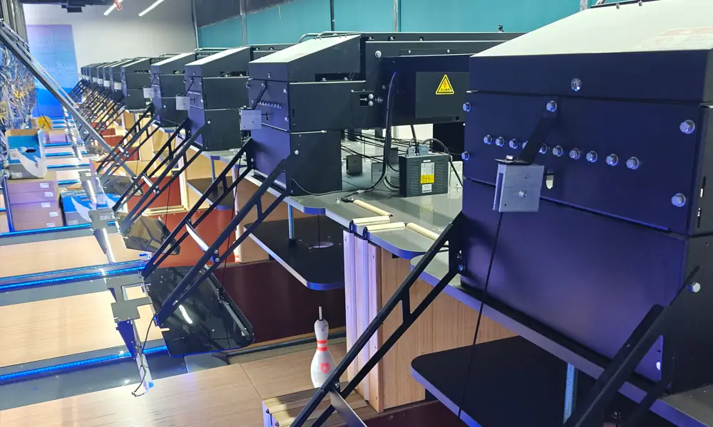 row of modern bowling pinsetter machines